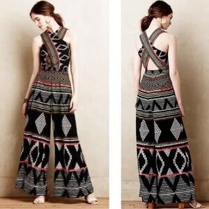 Anthropologie | Elevenses Amapa Wide Leg Black Printed Jumpsuit Sz 2